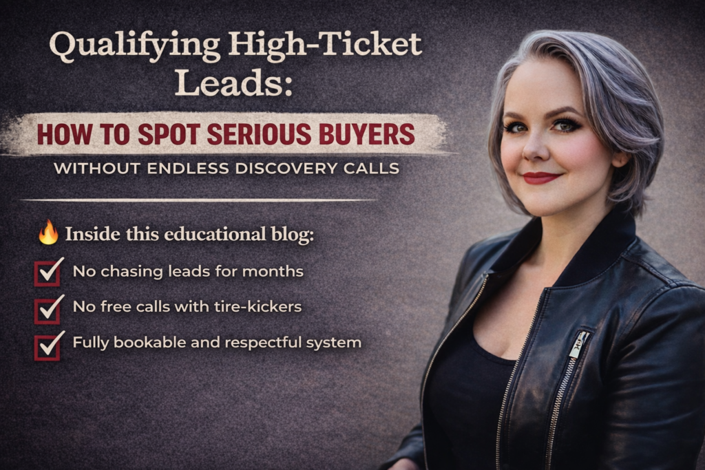Blog graphic featuring Heather Wylde, ethical high-ticket sales strategist, with the headline ‘Qualifying High-Ticket Leads: How to Spot Serious Buyers Without Endless Discovery Calls,’ highlighting trust-first lead qualification.